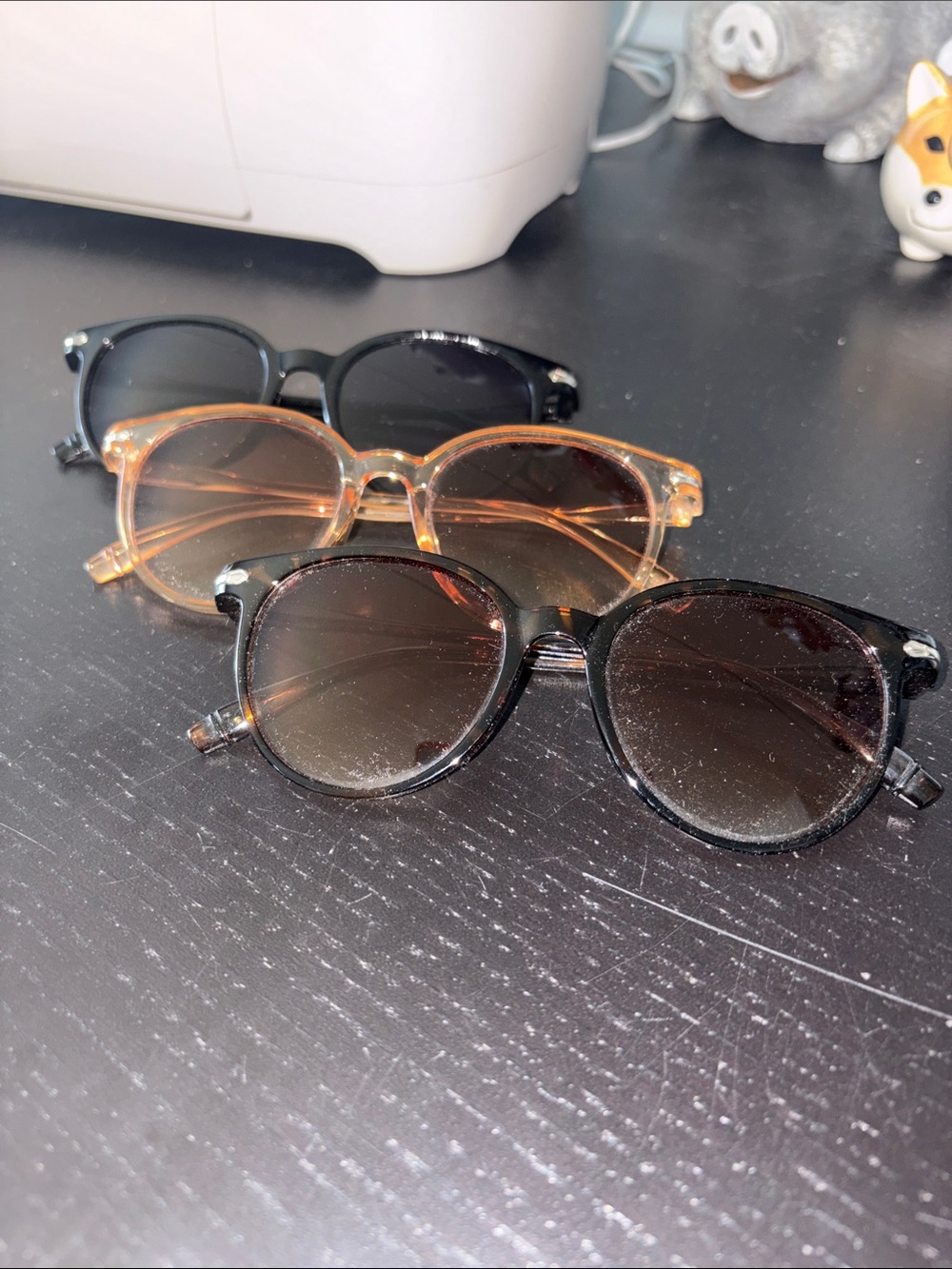Set of 3 Round Frame Sunglasses in Black and Amber